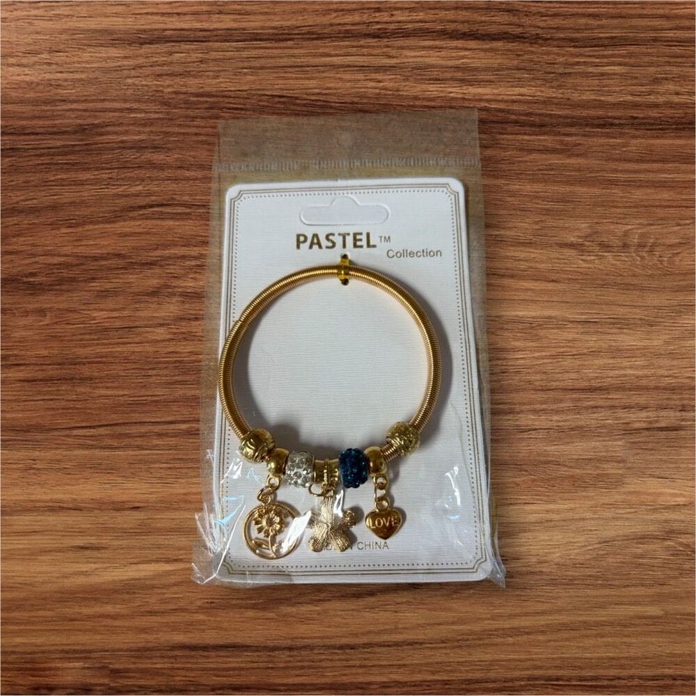 New Pastel Collection Gold Tone Charm Bracelet Blue Rhinestone Love Floral